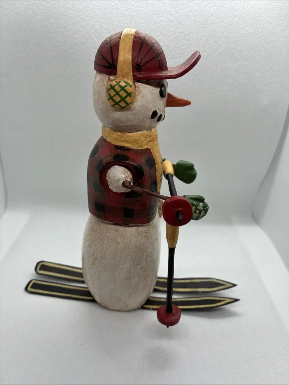 Handmade Wooden Snowman Skier Figurine Rustic Winter Christmas Decor Folk Art